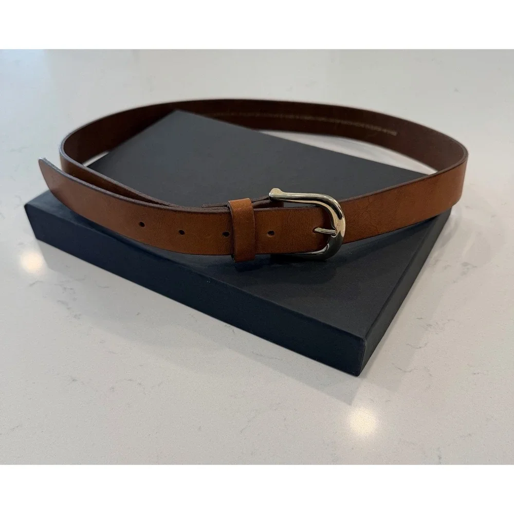 H&M Womens Brown Genuine Leather Belt Sz S MADE IN Sweden Adjustable Gold Buckle